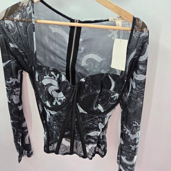 My Boo Black White Swirl Corset Bustier Back Zipper Sheer Top Size Large - Picture 1 of 15